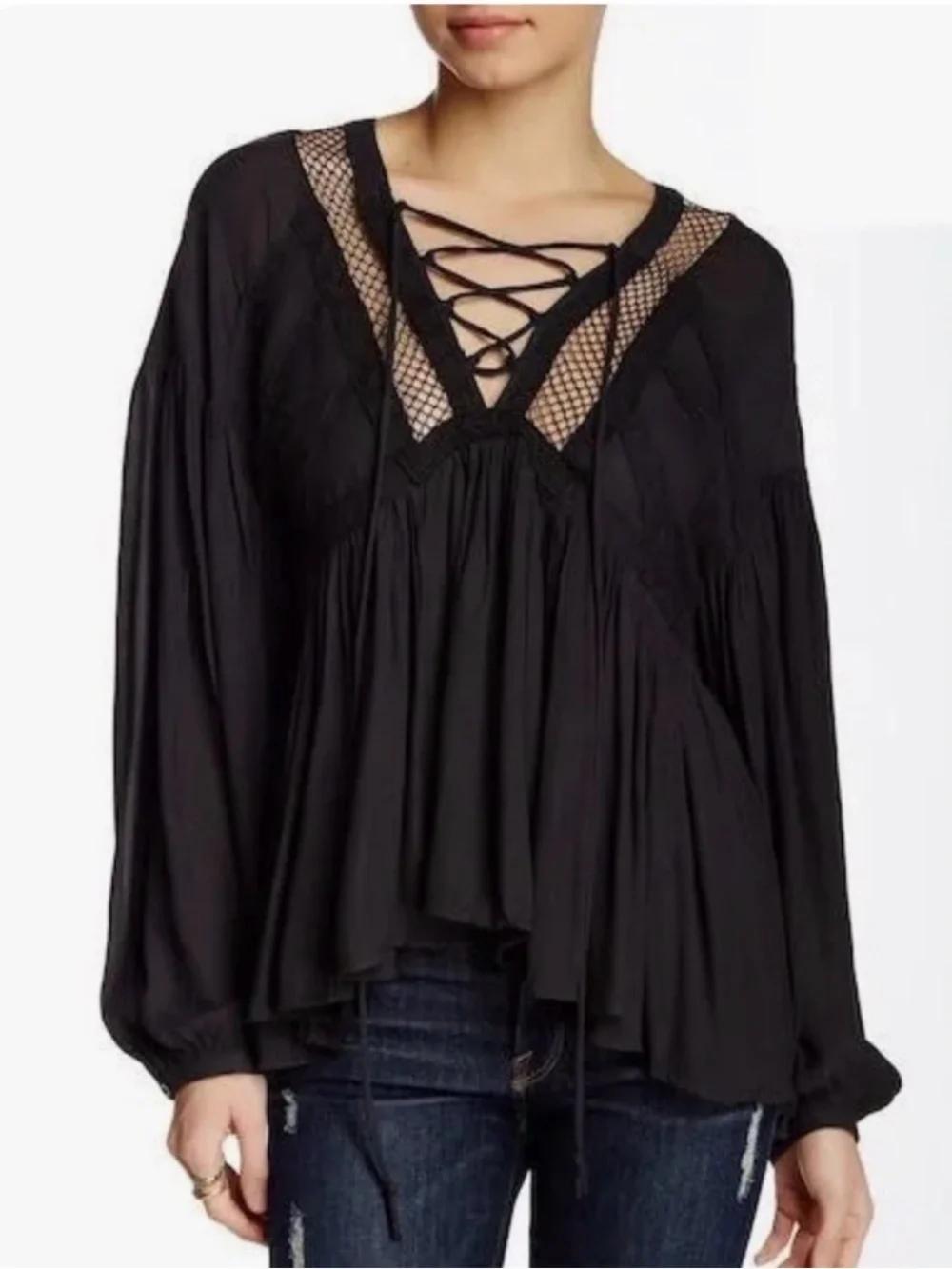 Free People Black Lace-Up Mesh Inset Peasant Blouse